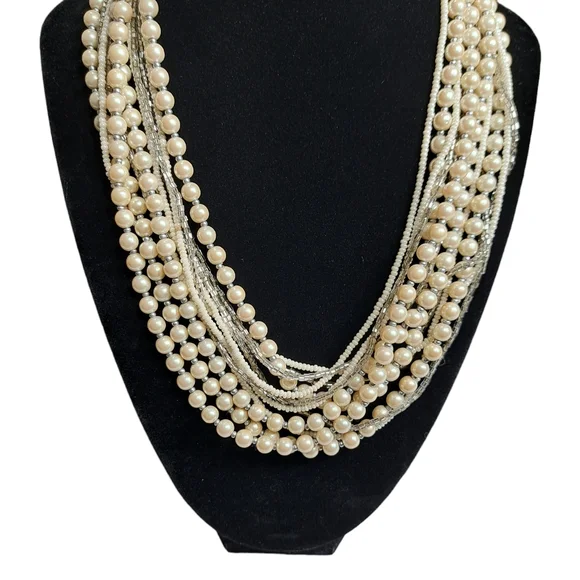 Women's 12 Layer Necklace Silver Tone Faux Pearls & Clear Beads 9.5 Inches - Picture 3 of 10